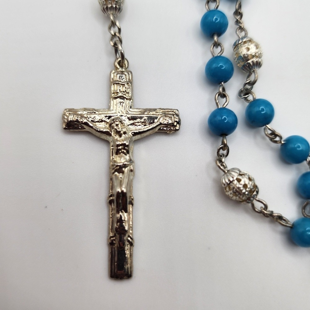 Italy Rosary Necklace Blue Beads Silver Metal Crucifix Catholic Prayer Beads - Picture 2 of 9
